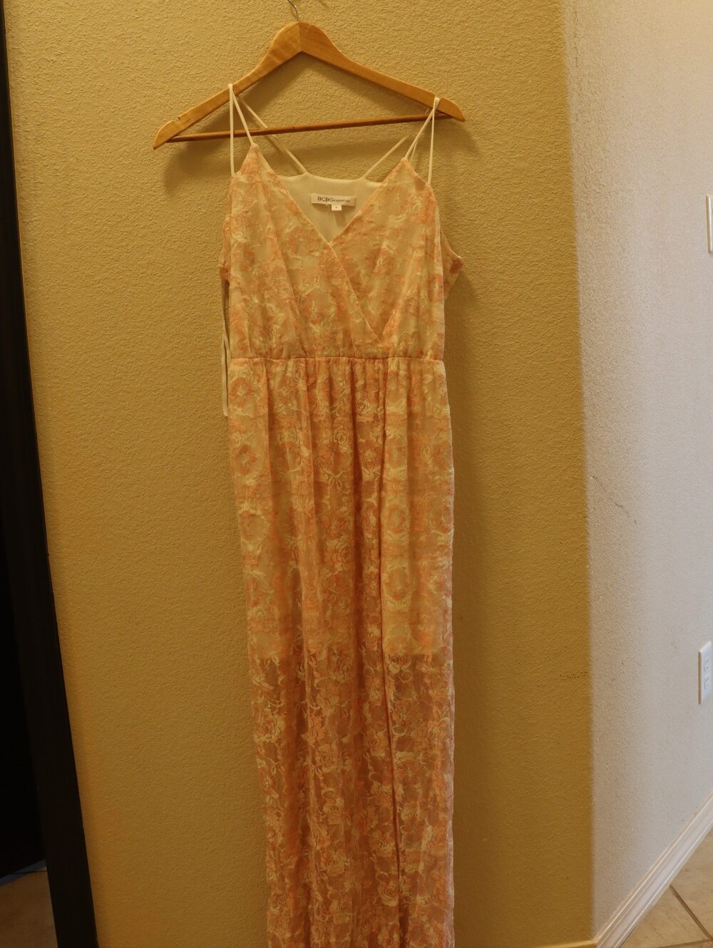 BCBGeneration Blush Pink Lace Maxi Dress with Spaghetti Straps